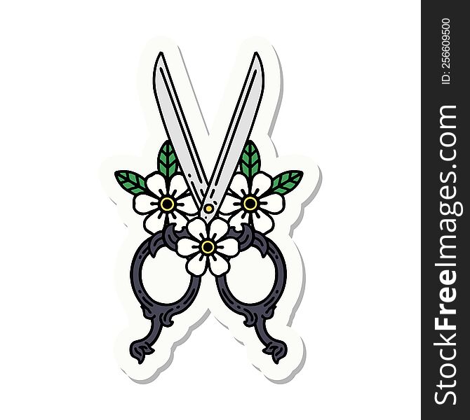 tattoo style sticker of a barber scissors and flowers
