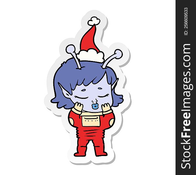 Sticker Cartoon Of A Alien Girl Wearing Santa Hat