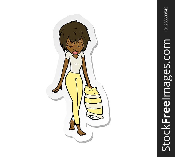 sticker of a cartoon woman going to bed