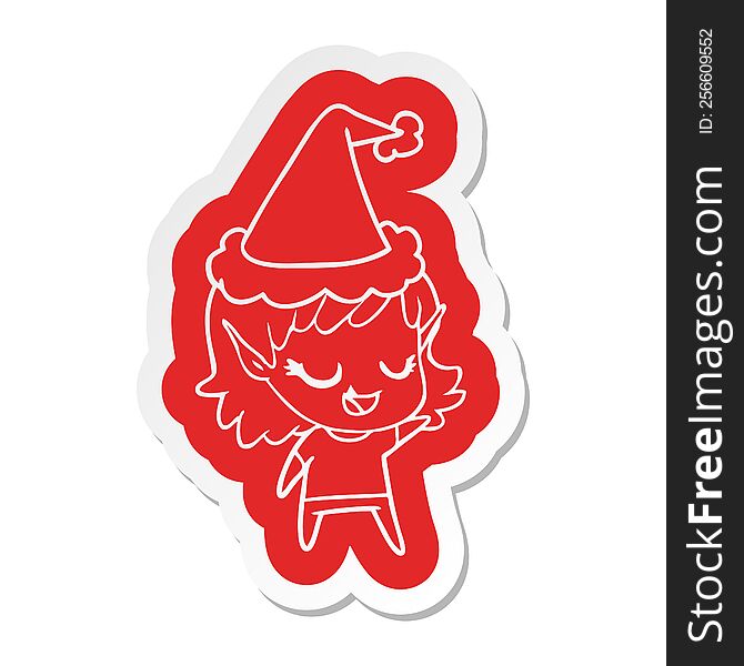 Happy Cartoon  Sticker Of A Elf Girl Wearing Santa Hat