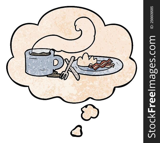 Cartoon Breakfast And Thought Bubble In Grunge Texture Pattern Style