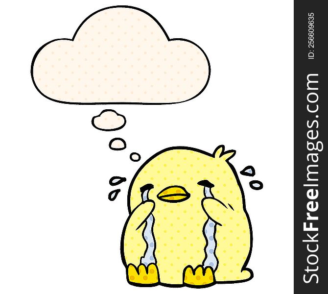 Cartoon Crying Bird And Thought Bubble In Comic Book Style