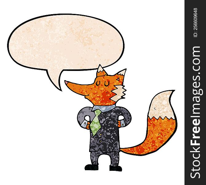 Cartoon Fox Businessman And Speech Bubble In Retro Texture Style