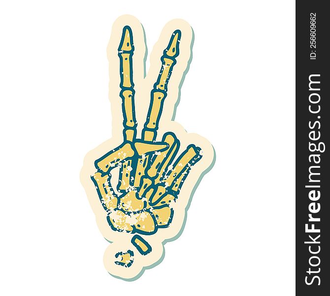 iconic distressed sticker tattoo style image of a skeleton giving a peace sign. iconic distressed sticker tattoo style image of a skeleton giving a peace sign