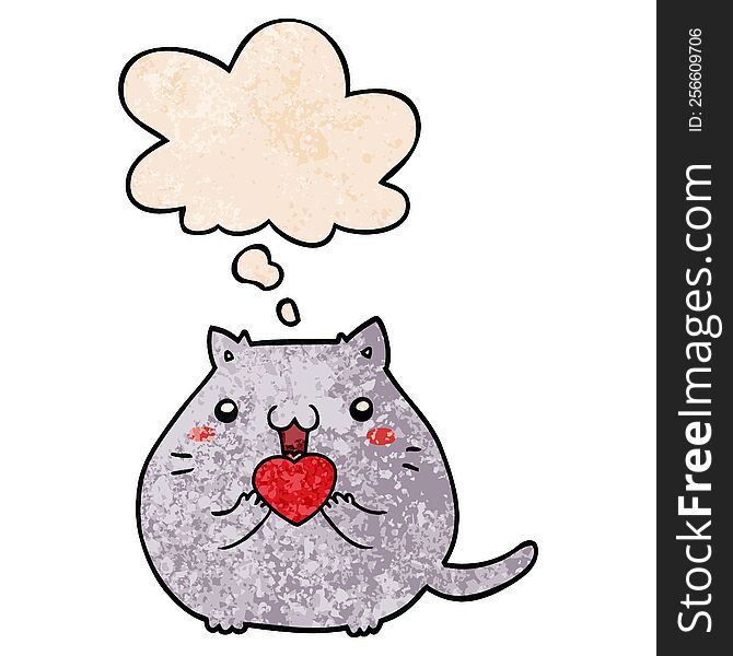 Cute Cartoon Cat In Love And Thought Bubble In Grunge Texture Pattern Style