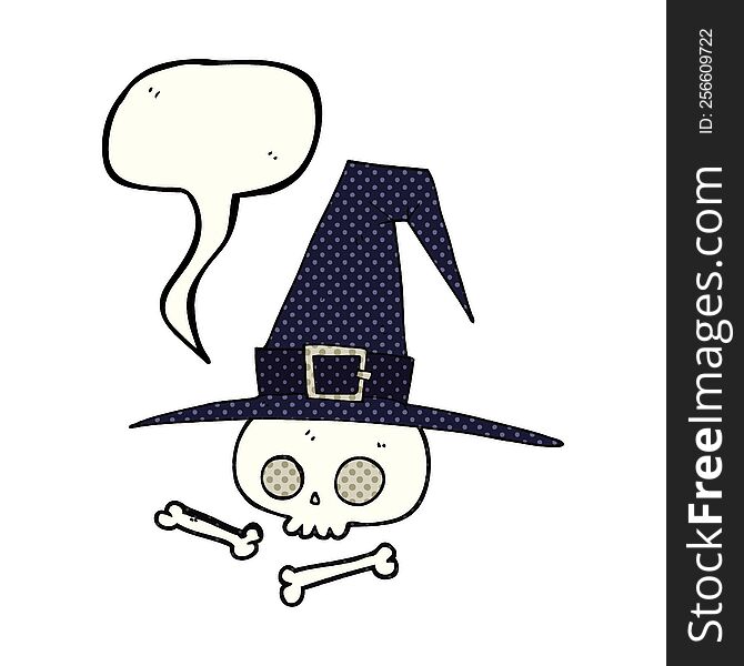 freehand drawn comic book speech bubble cartoon witch hat with skull