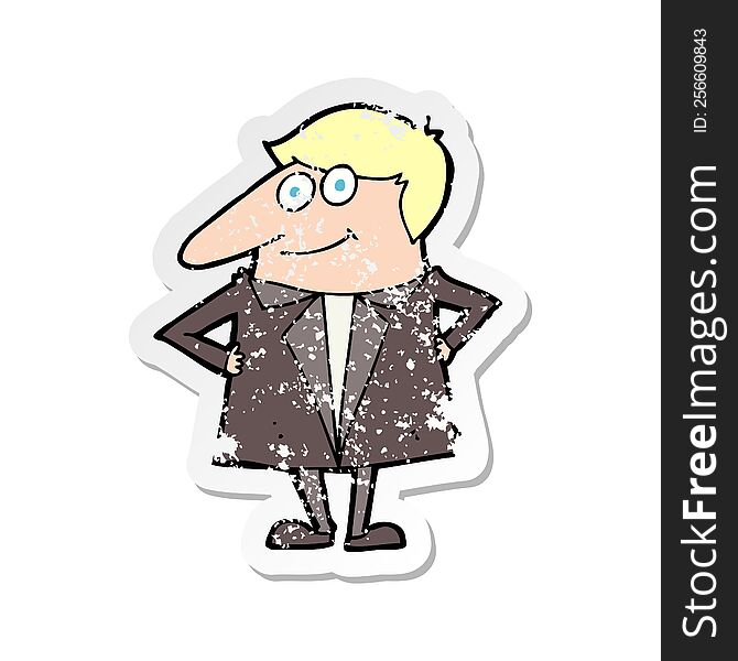 Retro Distressed Sticker Of A Cartoon Happy Man In Suit