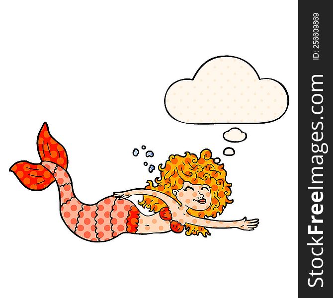 cartoon mermaid with thought bubble in comic book style