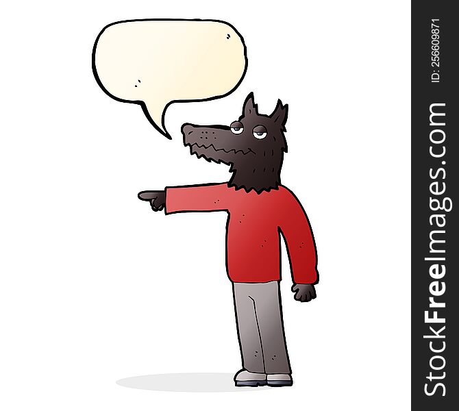 Cartoon Wolf Man Pointing With Speech Bubble