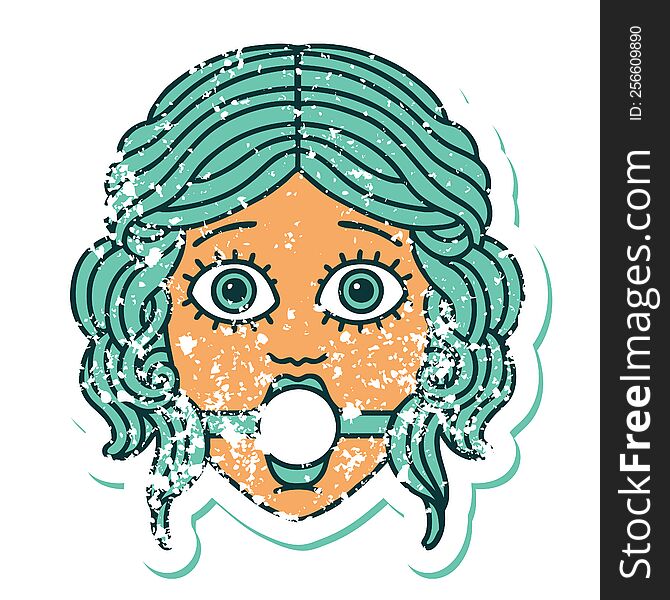 Distressed Sticker Tattoo Style Icon Of Female Face With Ball Gag
