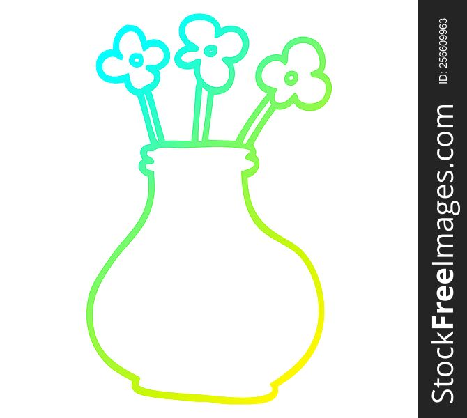 cold gradient line drawing of a cartoon vase with flowers