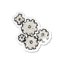Retro Distressed Sticker Of A Cartoon Cogs And Gears Stock Photo