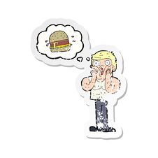 Retro Distressed Sticker Of A Cartoon Shocked Man Thinking About Junk Food Stock Image