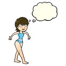 Cartoon Happy Woman In Swimming Costume With Thought Bubble Stock Photo
