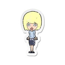 Free Retro Distressed Sticker Of A Cartoon Woman Shrugging Shoulders Stock Photo - 256617540