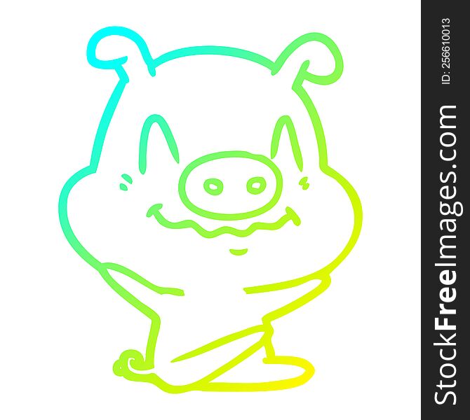 cold gradient line drawing of a nervous cartoon pig sitting