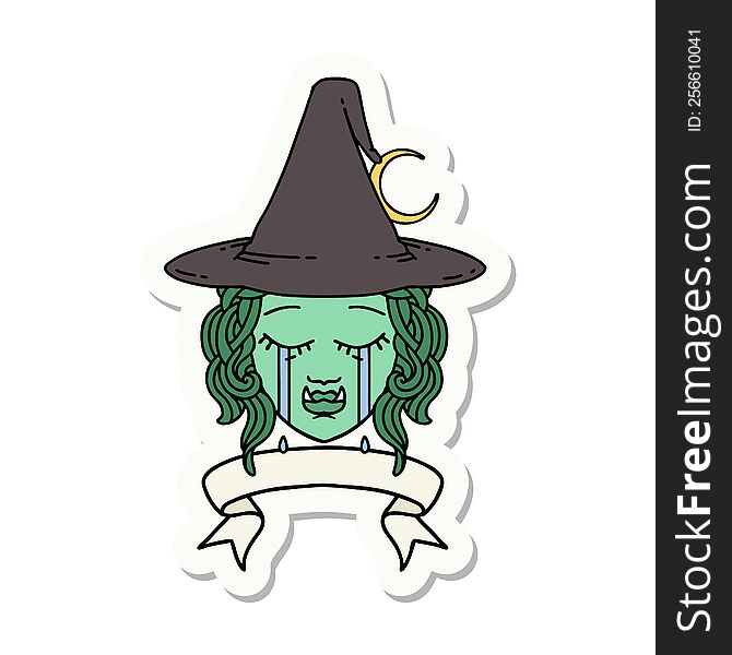 sticker of a crying half orc witch character face. sticker of a crying half orc witch character face