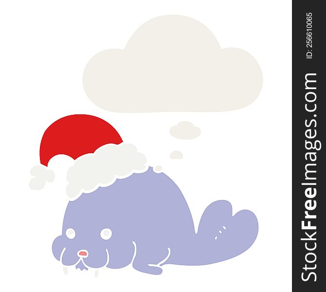 Cartoon Christmas Walrus And Thought Bubble In Retro Style