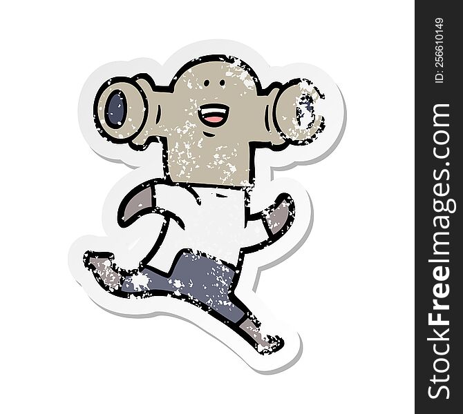 Distressed Sticker Of A Friendly Cartoon Alien Running
