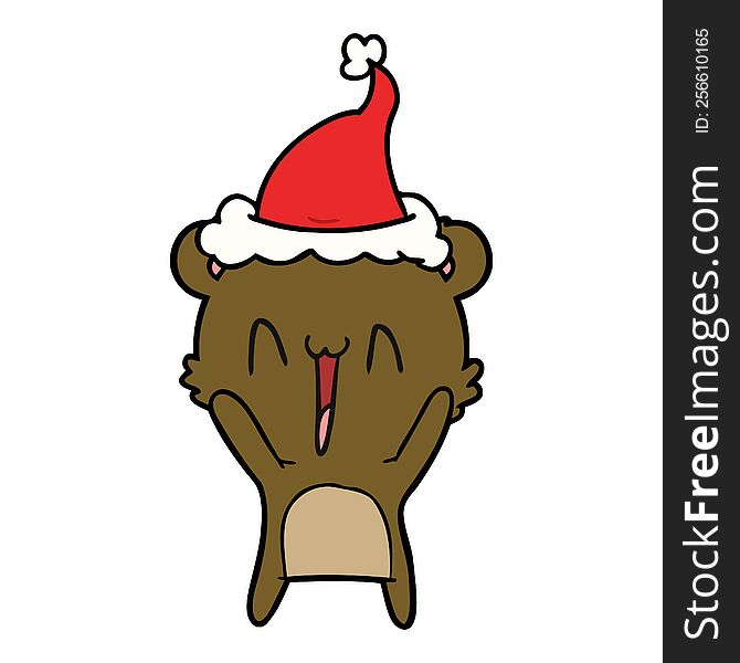 happy bear hand drawn line drawing of a wearing santa hat. happy bear hand drawn line drawing of a wearing santa hat