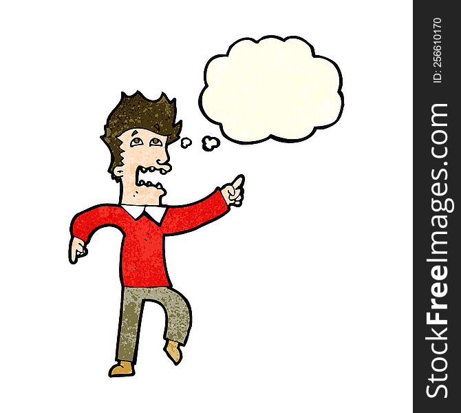 Cartoon Frightened Man Pointing With Thought Bubble