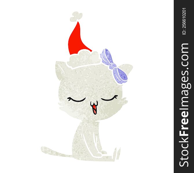 hand drawn retro cartoon of a cat with bow on head wearing santa hat