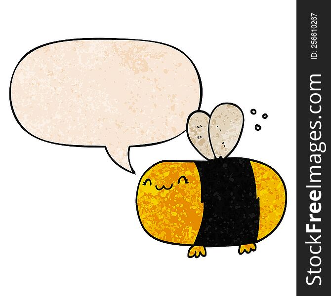 cute cartoon bee with speech bubble in retro texture style