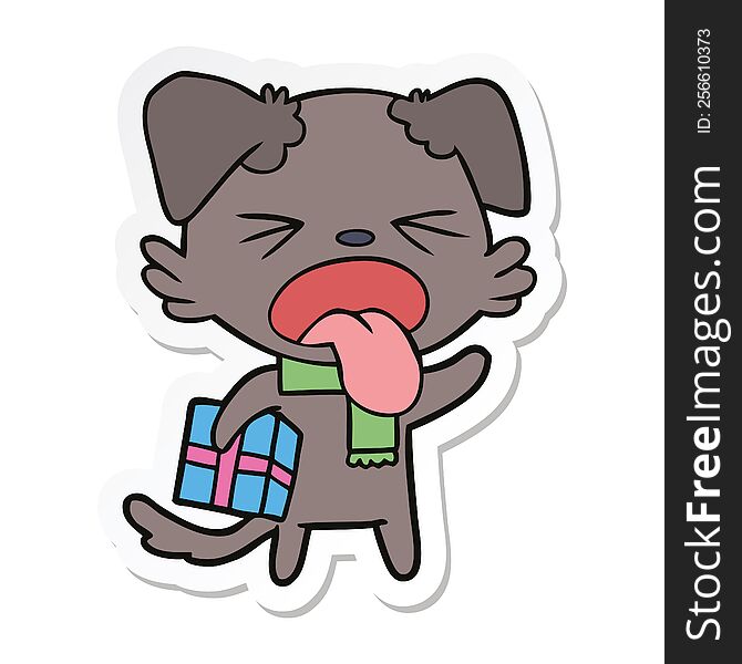 sticker of a cartoon disgusted dog with christmas gift