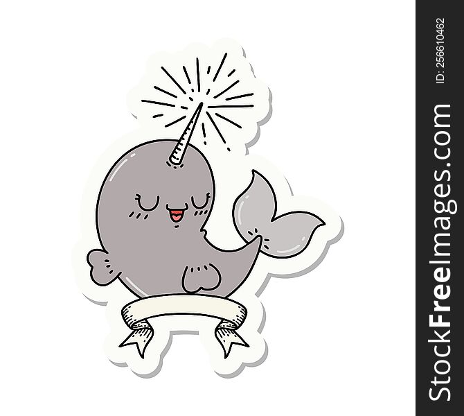 Sticker Of Tattoo Style Happy Narwhal