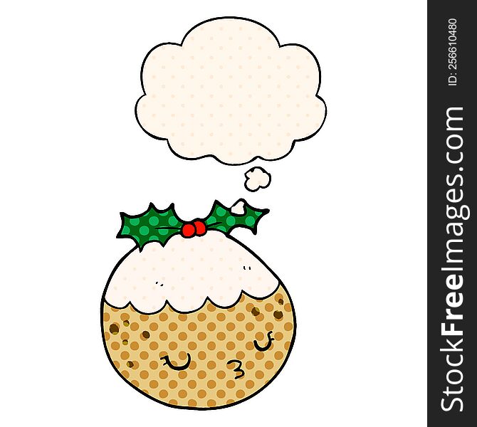 Cute Cartoon Christmas Pudding And Thought Bubble In Comic Book Style