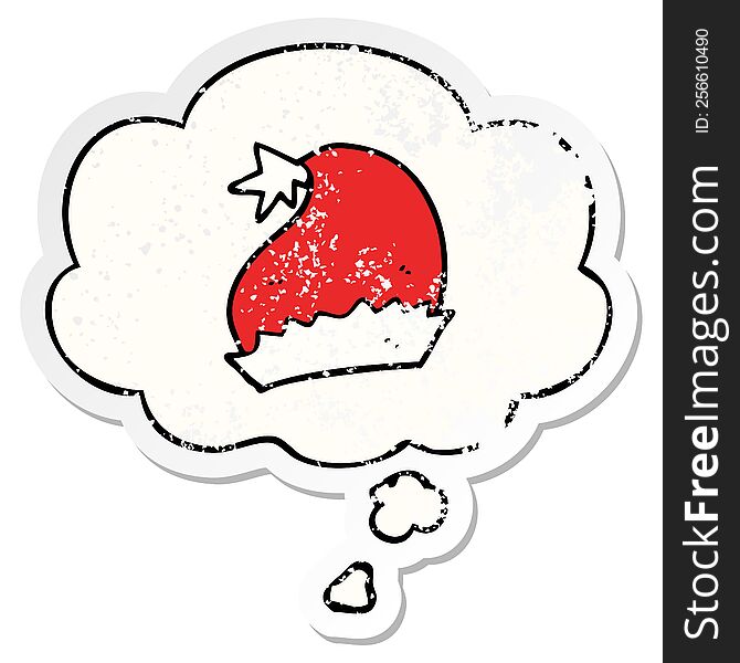 cartoon santa hat with thought bubble as a distressed worn sticker