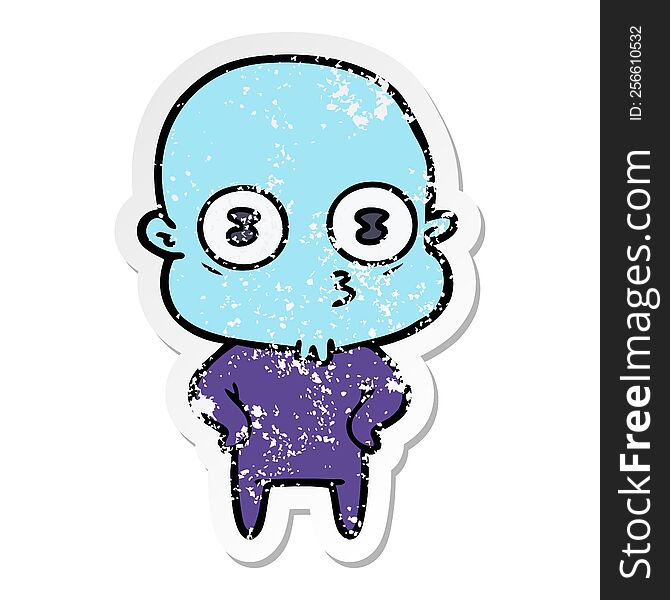 distressed sticker of a cartoon weird bald spaceman