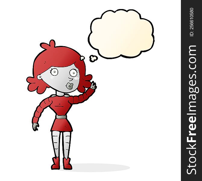 Cartoon Robot Woman Waving With Thought Bubble