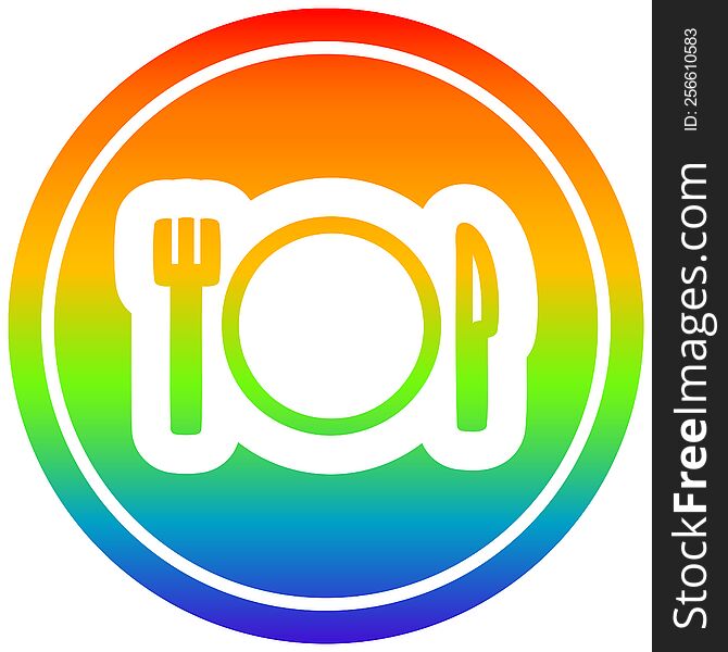 knife fork and plate circular icon with rainbow gradient finish. knife fork and plate circular icon with rainbow gradient finish