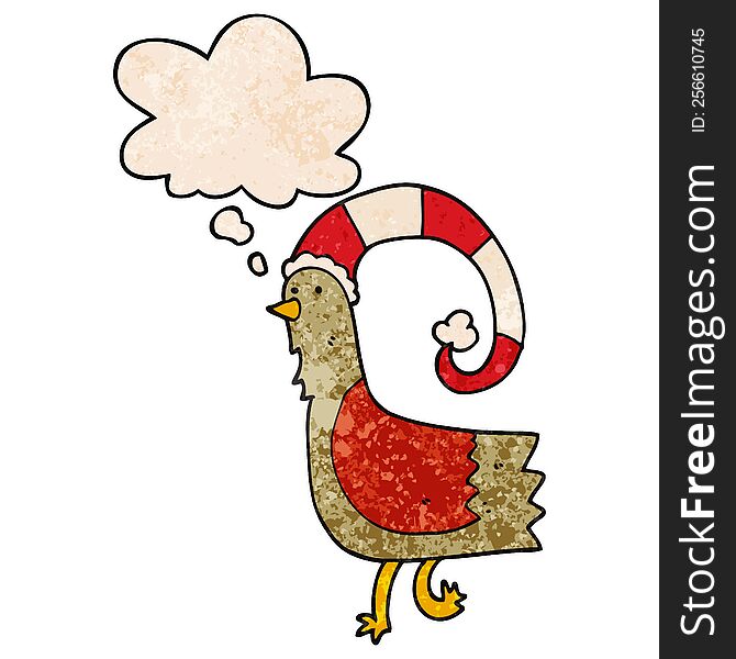 Cartoon Chicken In Funny Christmas Hat And Thought Bubble In Grunge Texture Pattern Style