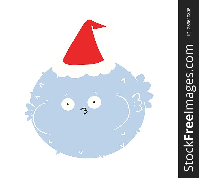 hand drawn flat color illustration of a puffer fish wearing santa hat