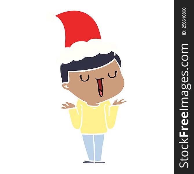 hand drawn flat color illustration of a happy boy with no worries wearing santa hat
