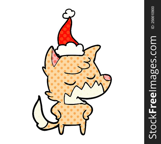 Friendly Comic Book Style Illustration Of A Fox Wearing Santa Hat