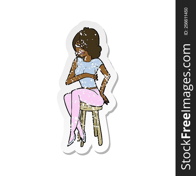 Retro Distressed Sticker Of A Cartoon Woman Sitting On Bar Stool