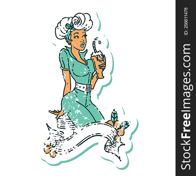 distressed sticker tattoo in traditional style of a pinup girl drinking a milkshake with banner. distressed sticker tattoo in traditional style of a pinup girl drinking a milkshake with banner