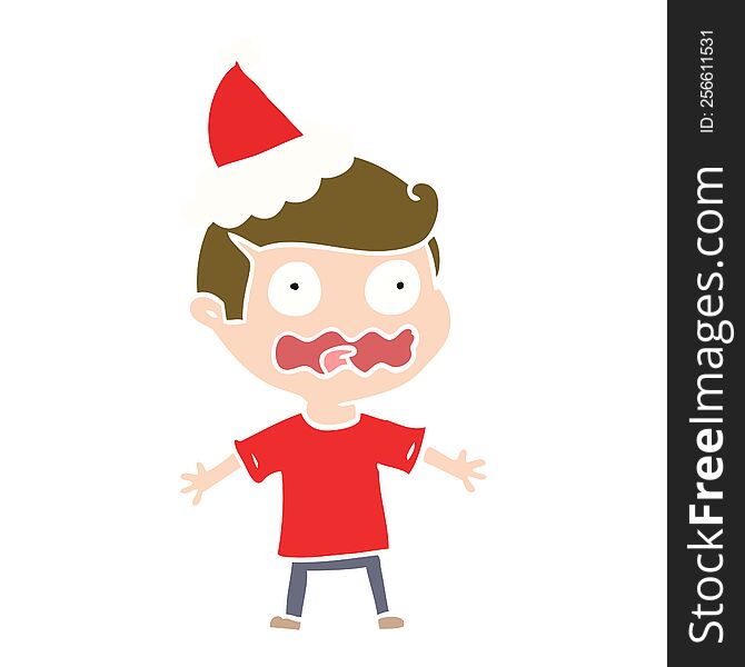 hand drawn flat color illustration of a man totally stressed out wearing santa hat