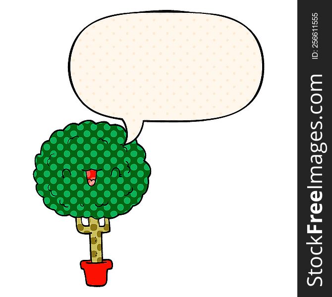 cartoon happy tree with speech bubble in comic book style