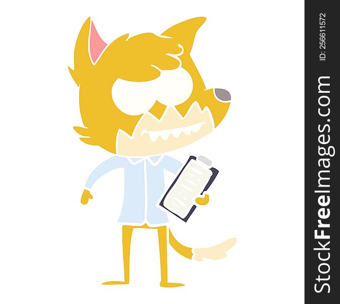 Flat Color Style Cartoon Grinning Fox With Clipboard
