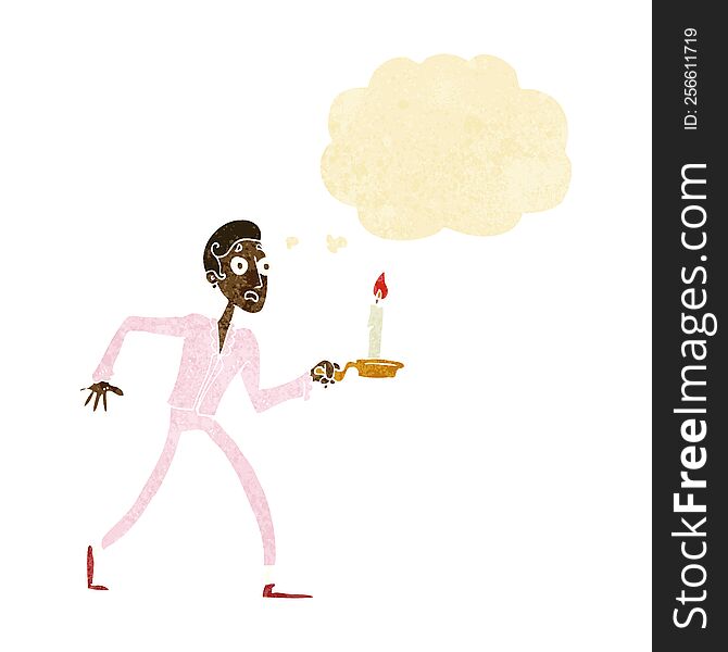 cartoon frightened man walking with candlestick with thought bubble