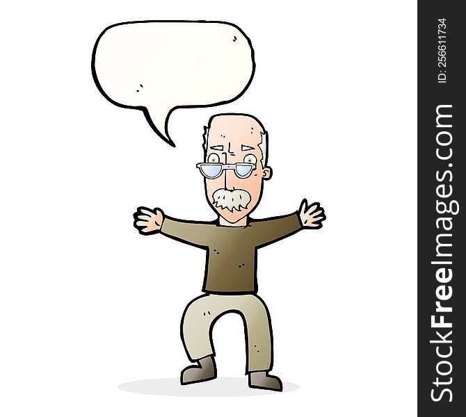 Cartoon Old Man Waving Arms With Speech Bubble