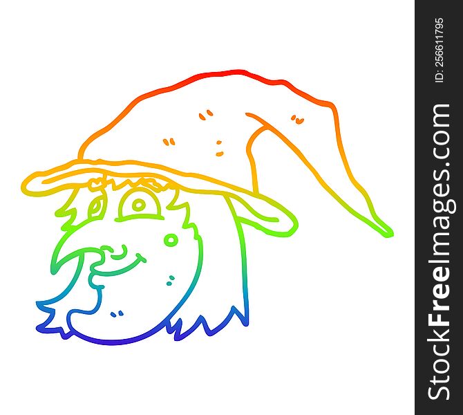rainbow gradient line drawing of a cartoon witch face