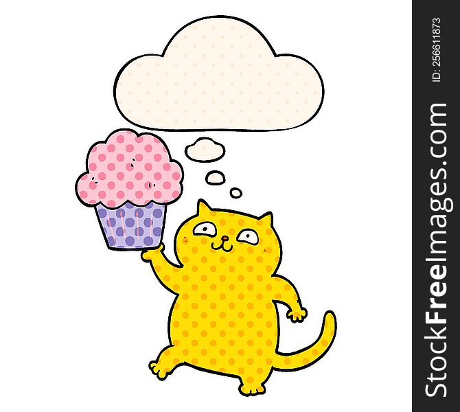 cartoon cat with cupcake with thought bubble in comic book style