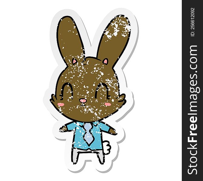 distressed sticker of a cute cartoon rabbit in shirt and tie