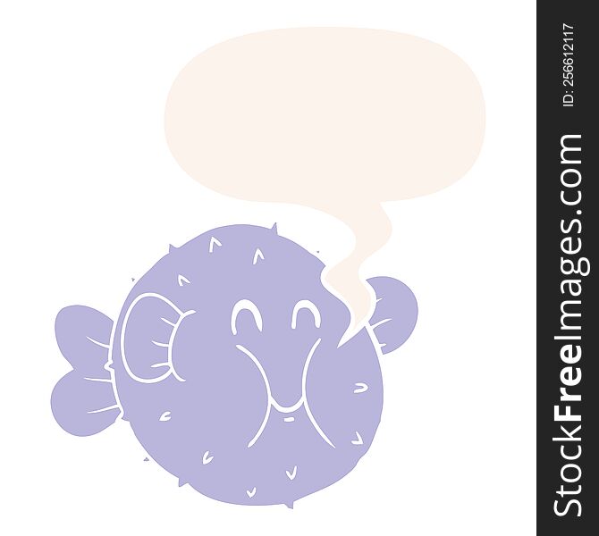 cartoon puffer fish with speech bubble in retro style