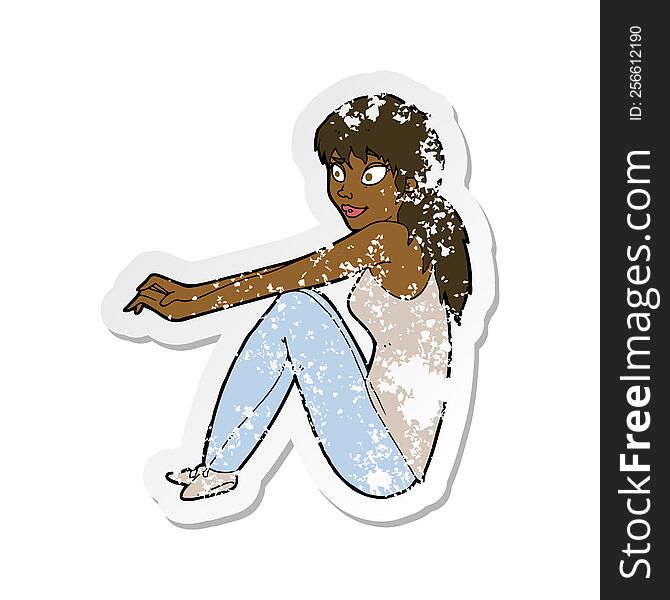 retro distressed sticker of a cartoon happy woman sitting